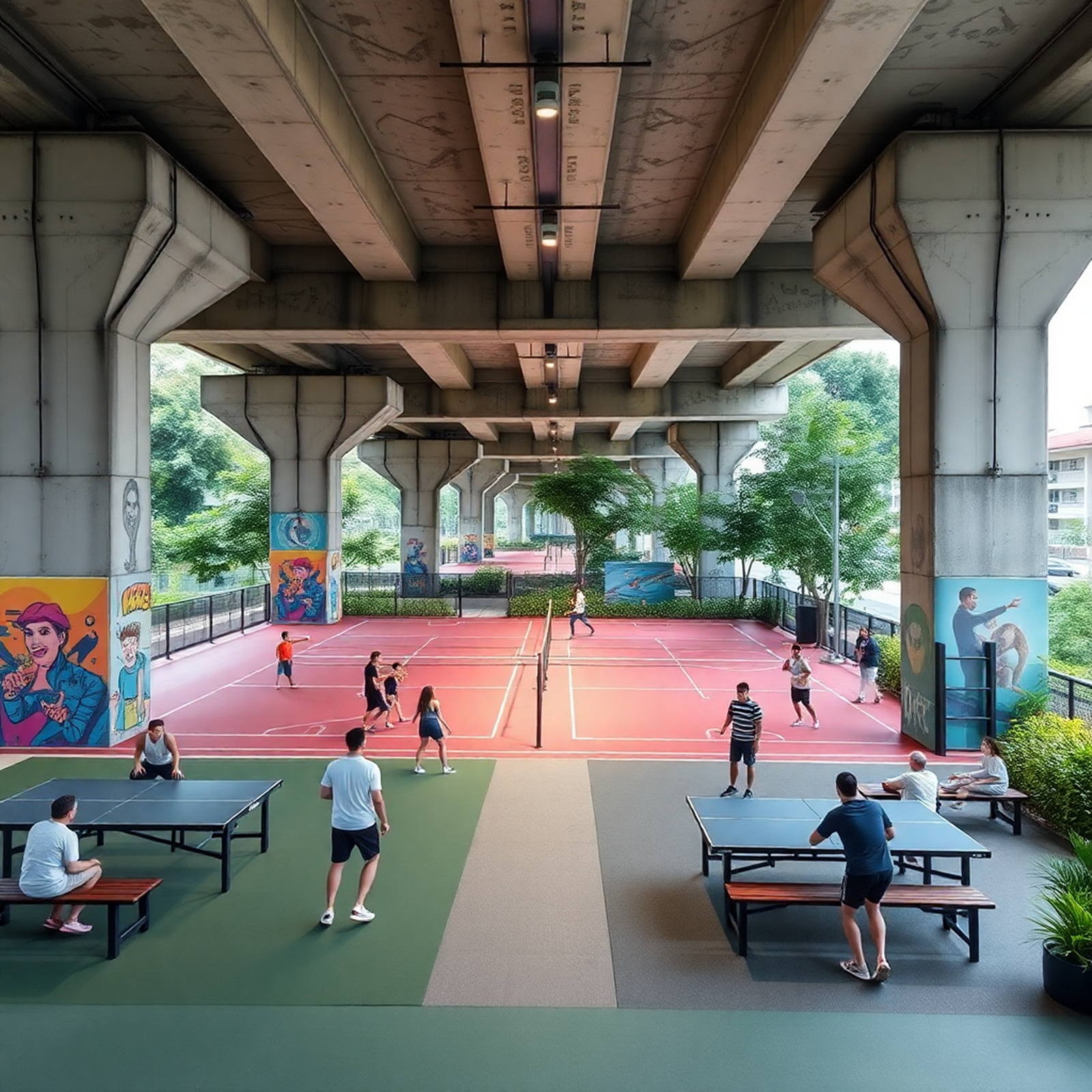 Rendering of people playing sports under flyover